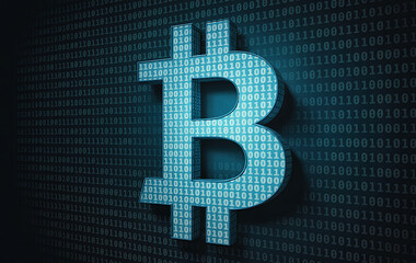 Glowing bitcoin symbol made of digital binary code on a dark futuristic background