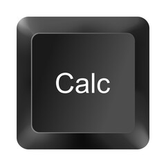 Calculator key button from computer keyboard isolated on white background, black keycap with calc text for shortcut and technology design
