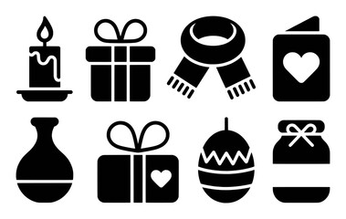 Collection of Gift and Holiday Icons: Candle, Presents, Scarf, Card, Vase, Ornament, Jar