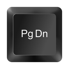 Pg dn key button from computer keyboard isolated on white background, black keycap with pg dn text for navigation and scrolling functions in computing