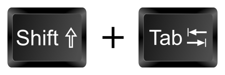 Shift tab key combination from computer keyboard isolated on white background, black keycap design showing shift plus tab for shortcut commands in computing
