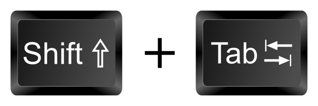 Shift tab key combination from computer keyboard isolated on white background, black keycap design showing shift plus tab for shortcut commands in computing
