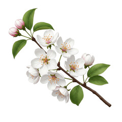 Delicate apple blossom branch with buds and green leaves on a deep black background transparent background