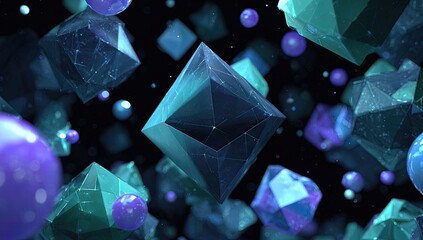 Teal and purple geometric shapes, spheres, and crystals float in a dark void, with glowing lines connecting facets