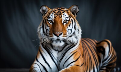 Naklejka premium Close-up of a tiger, lying down, dark background