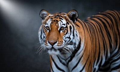 Naklejka premium Close-up of a tiger, spotlight on face