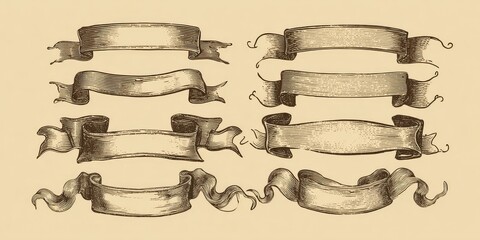 Eight sepia-toned hand-drawn ribbon banners with varying styles and swirls, suitable for design elements