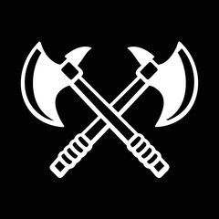 Crossed axes icon on black great for survival logos, adventure branding, and rugged timber sport design needs.