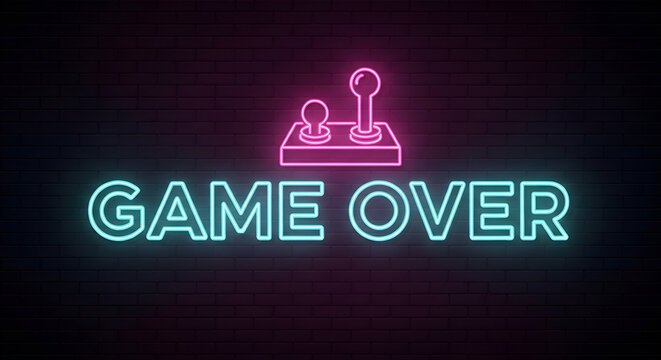 Retro arcade game termination with vibrant neon display and gamepad icon