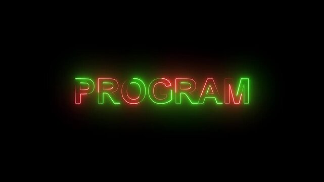 Program neon symbol. International politics organization light color bulbs on black background.