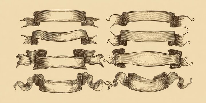 Eight sepia-toned hand-drawn ribbon banners with varying styles and swirls, suitable for design elements