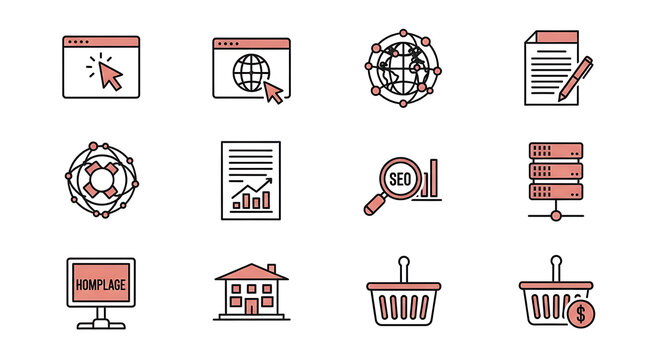 Collection of business and technology icons representing web development data analysis and e commerce