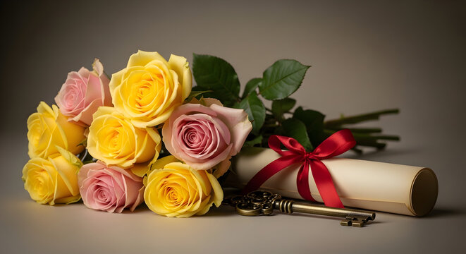Bouquet of Elegant Roses Paired with a Diploma and Vintage Antique Key