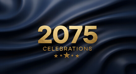 Golden 2075 Celebrations Against a Dark Blue Silky Luxurious Backdrop