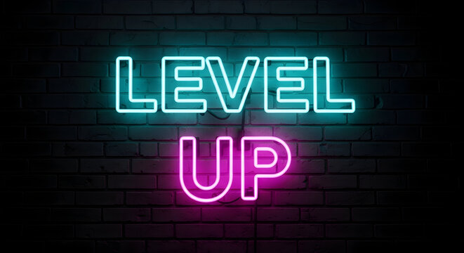 Illuminated ambition: Neon 'Level Up' display against a dark brick facade