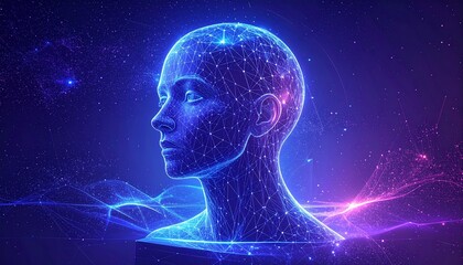 Abstract visualization of a digital mind, featuring a human profile composed of a vibrant neural network, exploring themes of AI, data, and future science and technology