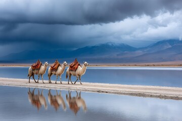 Llamas walking along bolivian salt flats reflecting in water under storm clouds