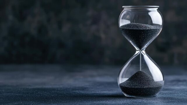 Clear hourglass with black sand against dark background - Powered by Adobe