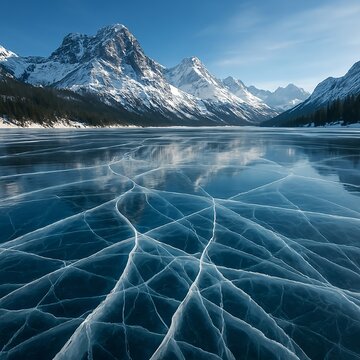 Frozen Alpine Lake with Ice Patterns and Mountain Reflections
