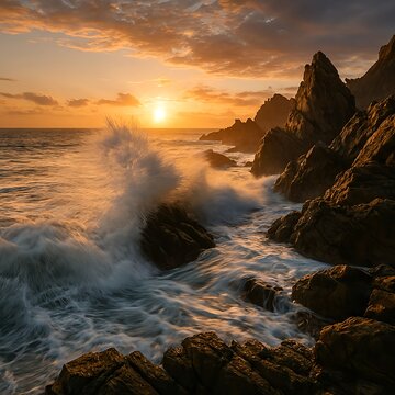 Sunset Over Rugged Rocky Coastline with Crashing Waves