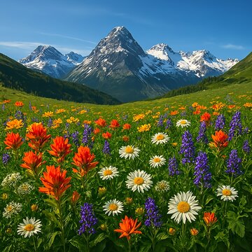 Mountain Meadow Full of Wildflowers with Alpine Background