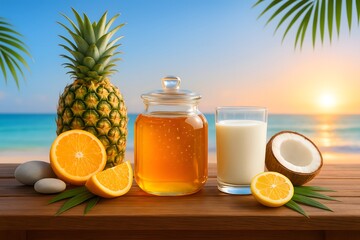 A vibrant glass of fresh orange honey on a tropical beach, with ripe citrus fruits nearby