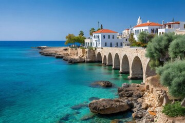 Naklejka premium Picturesque stone bridge connecting coastal town to island in greece, turquoise water