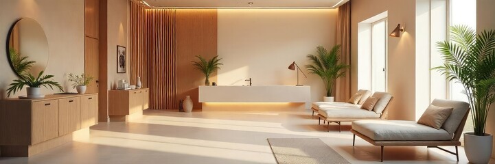 A serene aesthetic salon interior, featuring minimalist decor, soft lighting, and luxurious furnishings Ready for a relaxing and rejuvenating experience , salon, peaceful, interior