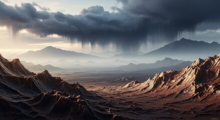 Dramatic alien landscape with storm clouds and rocky terrain
