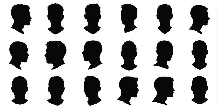 Collection of black male head silhouettes in profile and front view vector illustration
