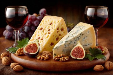 Refined still life composition featuring cheese, wine, figs, and nuts