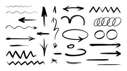 Collection of Hand-Drawn Arrows, Lines, and Shapes in Black and White