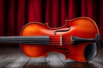 Obraz premium Polished violin lying on stage with red curtain backdrop