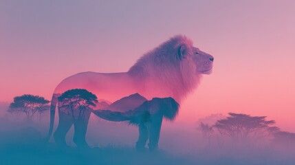 Lion double exposure with hazy savanna landscape on a pink, blue and purple gradient sky