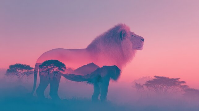 Lion double exposure with hazy savanna landscape on a pink, blue and purple gradient sky