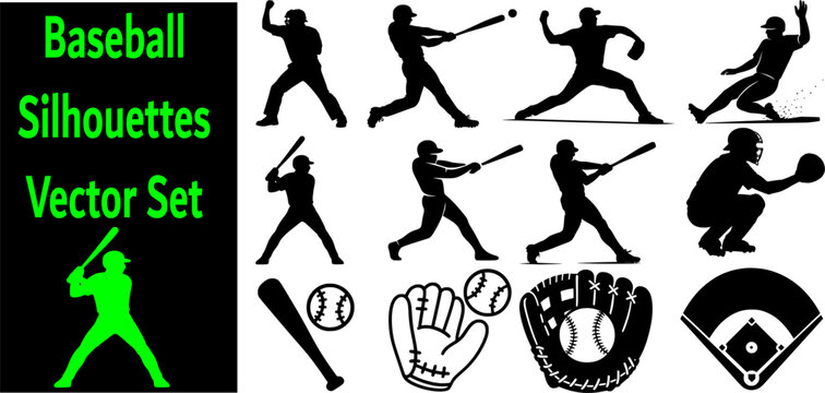 Set of 12 baseball vector silhouettes: players pitching, batting, catching, and running. Perfect for sports illustrations, team logos, and athletic design projects