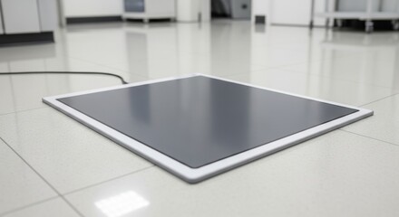 Detail view of a portable x-ray detector on a medical laboratory floor with a cable. Imaging technology in a hospital.