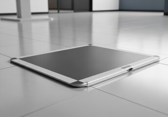 Modern tablet device with a dark screen lies on the tiled floor. Digital technology and communication concept for office background.