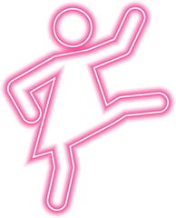 Female person in a dynamic action pose with one leg extended forward as if performing a kick and blowing air.