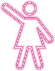 Female person with legs apart and one arm stretched upward performing a waving motion.