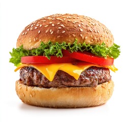 Juicy cheeseburger on a sesame seed bun, layered with melted cheese, crisp lettuce, and ripe tomato slices, isolated on white