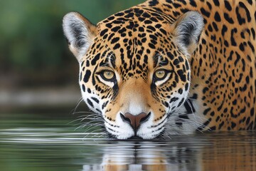 Obraz premium Jaguar drinking water in the river, close up portrait