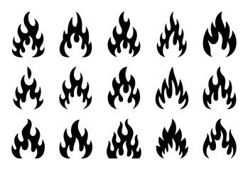 Collection of Stylized Black Flame Icons on White Background