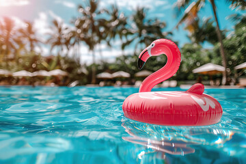 Pink inflatable flamingo on water in swimming pool