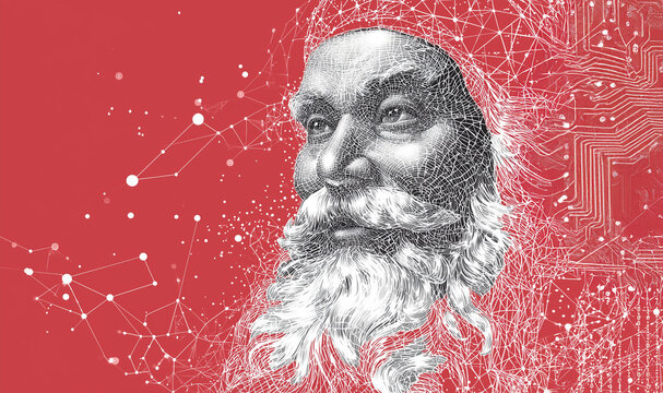 AI Santa - the face of santa claus, traditionally illustrated by nodes and interconnected linework - nerual network code and technology traces - artificial intelligence santa claus christmas concept.