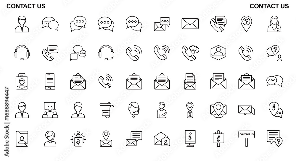 Poster collection of hand drawn outline icons representing contact information and communication methods