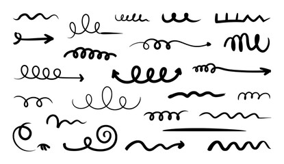 Collection of Hand-Drawn Black Arrows and Swirls on White Background