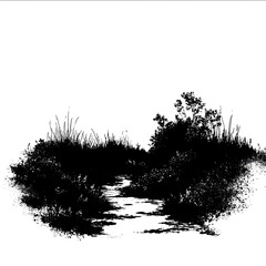 silhoutte of bushes around a creek white background.