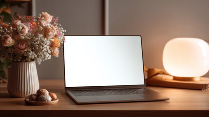 Laptop screen mockup | Blank product page display on laptop with flowers and lamp | Cozy desk aesthetic | Website or digital ad design