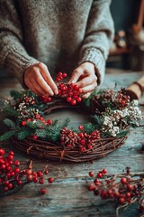 Hands expertly arrange vibrant red berries and green foliage onto a rustic wreath in a warm and inviting indoor setting. The activity embodies holiday spirit and craftsmanship